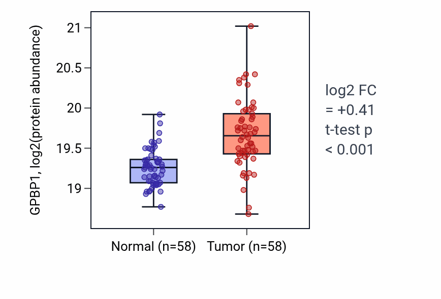 Tumor-vs-normal mass-spec protein box plot for GPBP1 in CCRCC.