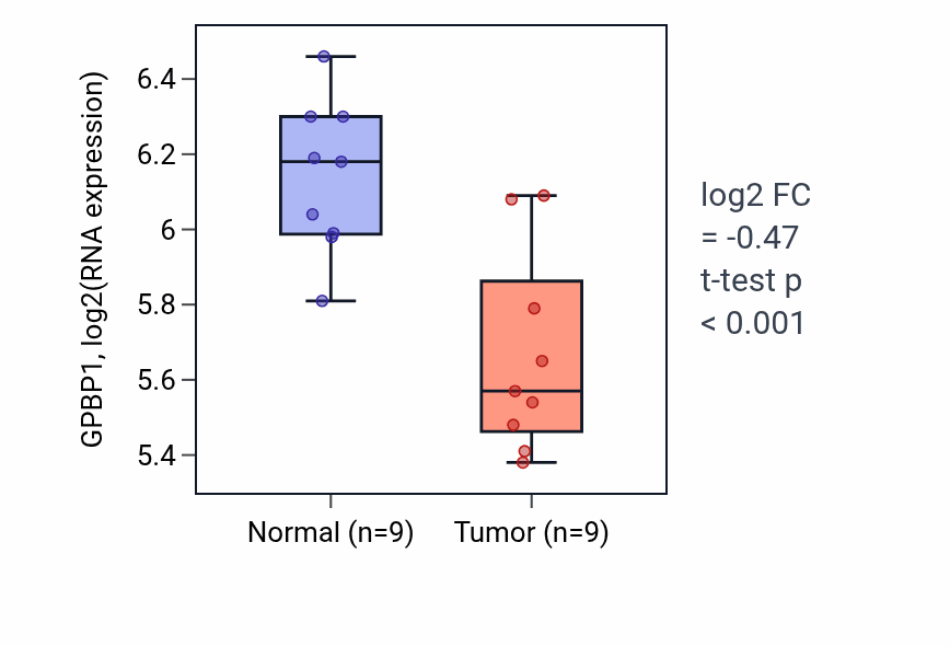 Tumor-vs-normal expression box plot for GPBP1 RNA in THCA.