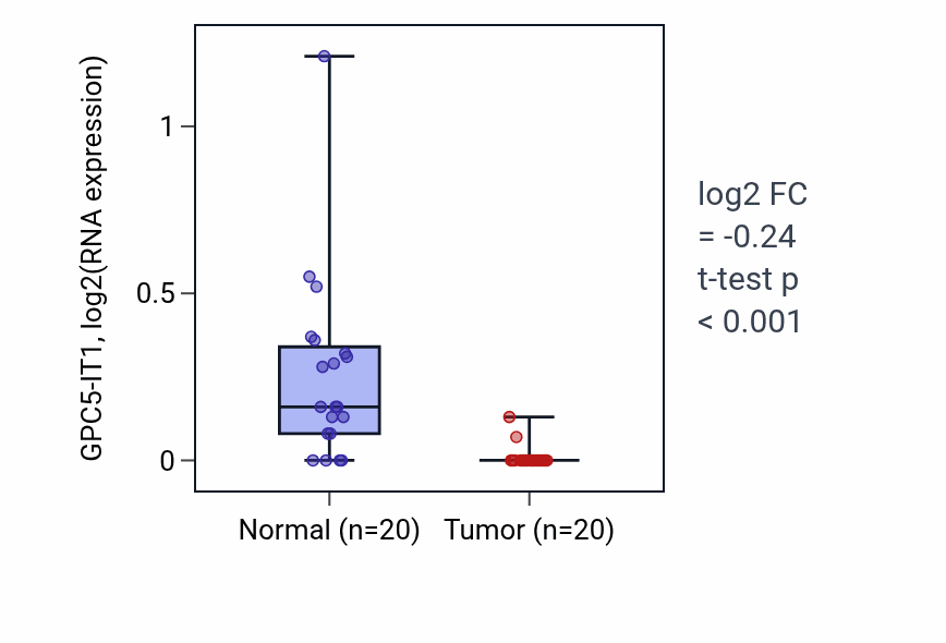 Tumor-vs-normal expression box plot for GPC5-IT1 RNA in KIRC.