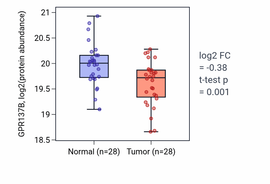 Tumor-vs-normal mass-spec protein box plot for GPR137B in CCRCC.