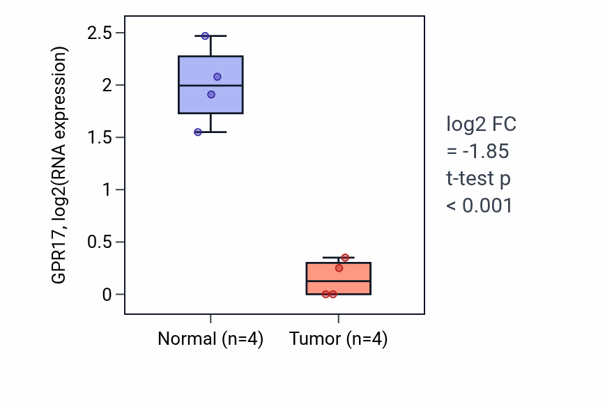 Tumor-vs-normal expression box plot for GPR17 RNA in BLCA.