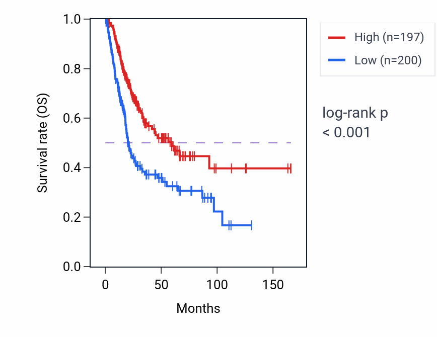 Kaplan&ndash;Meier survival curve for GPR25 RNA expression in BLCA: high vs low expression groups.