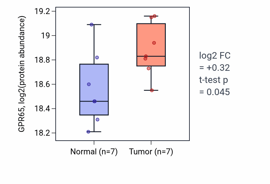 Tumor-vs-normal mass-spec protein box plot for GPR65 in LUAD.