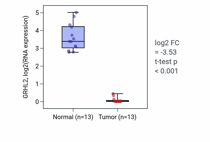 Tumor-vs-normal expression box plot for GRHL2 RNA in KIRC.