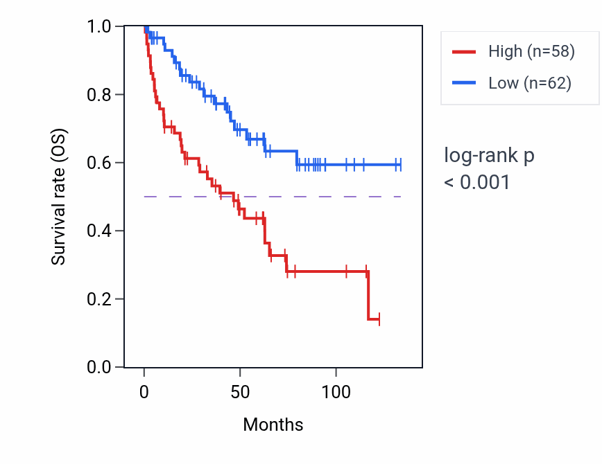 Kaplan&ndash;Meier survival curve for GRHL2 RNA-high vs -low samples in KIRC.