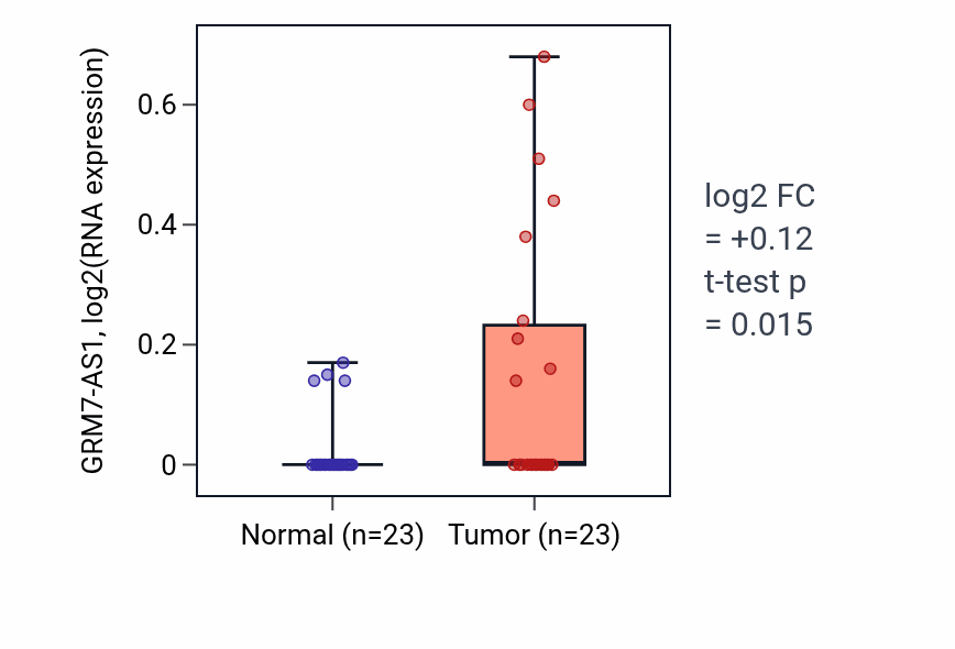 Tumor-vs-normal expression box plot for GRM7-AS1 in THCA.
