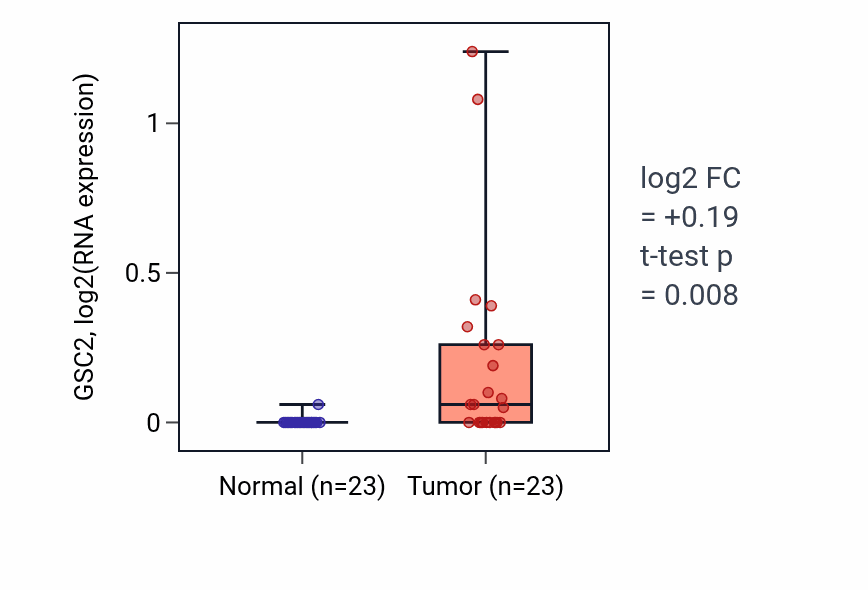 Tumor-vs-normal expression box plot for GSC2 in LUSC.
