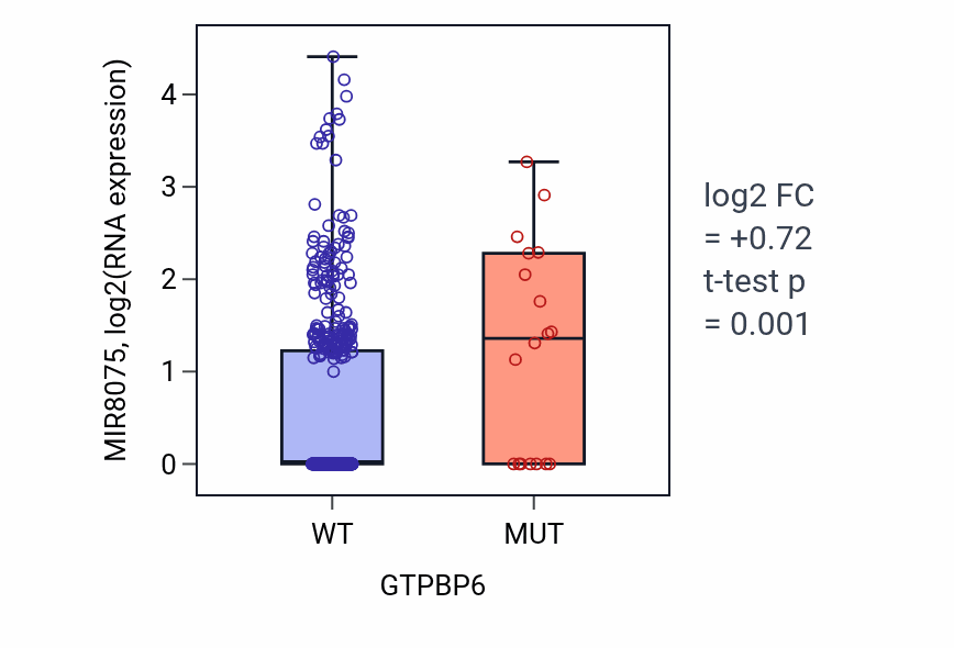 Box plot of MIR8075 in GTPBP6-low vs GTPBP6-high samples in UCEC.