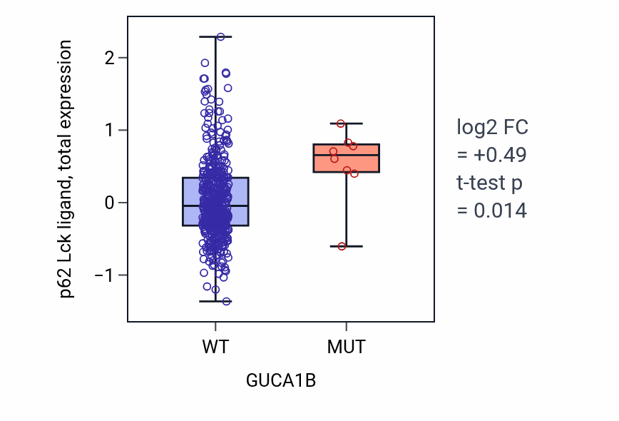 Box plot of p62 Lck ligand in GUCA1B-low vs GUCA1B-high samples in UCEC.