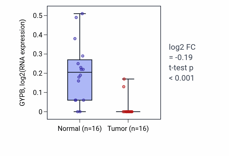 Tumor-vs-normal expression box plot for GYPB in LUSC.