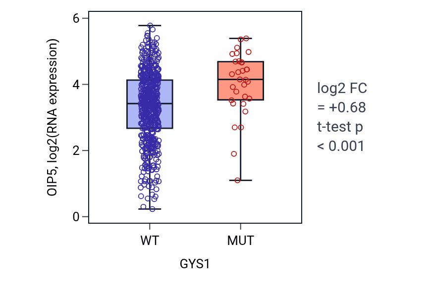Box plot of OIP5 in GYS1-low vs GYS1-high samples in UCEC.