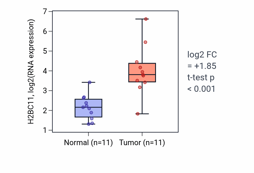 Tumor-vs-normal expression box plot for H2BC11 in HNSC.