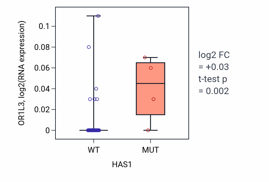 Box plot of OR1L3 in HAS1-low vs HAS1-high samples in OVARY.