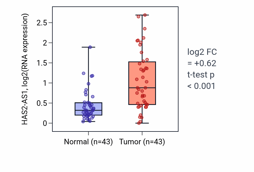 Tumor-vs-normal expression box plot for HAS2-AS1 in HNSC.