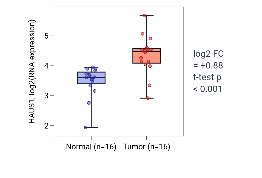 Tumor-vs-normal expression box plot for HAUS1 in HNSC.