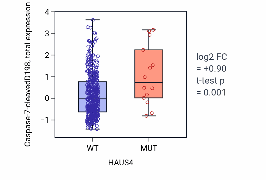 Box plot of Caspase-7-cleavedD198 in HAUS4-low vs HAUS4-high samples in UCEC.