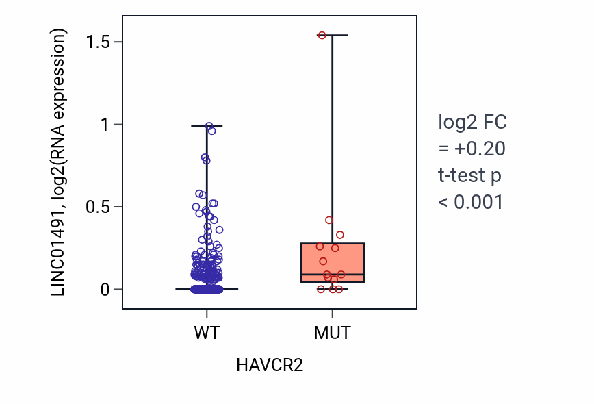 Box plot of LINC01491 in HAVCR2-low vs HAVCR2-high samples in SKCM.