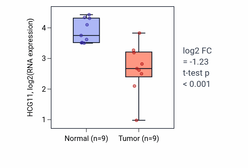 Tumor-vs-normal expression box plot for HCG11 in THCA.