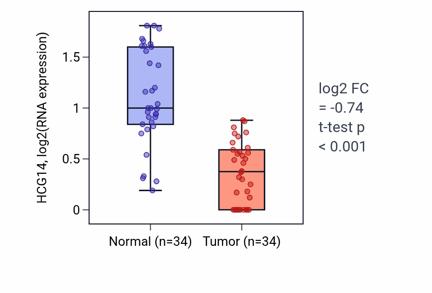 Tumor-vs-normal expression box plot for HCG14 in KIRC.