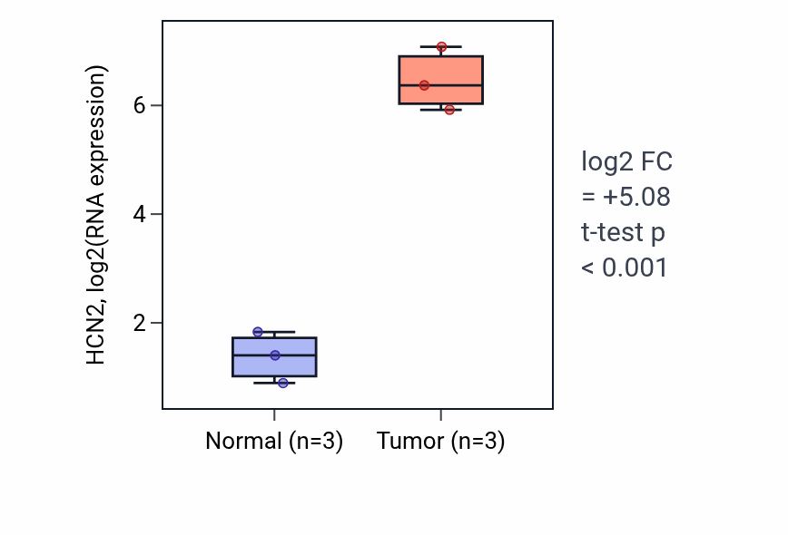 Tumor-vs-normal expression box plot for HCN2 in KICH.