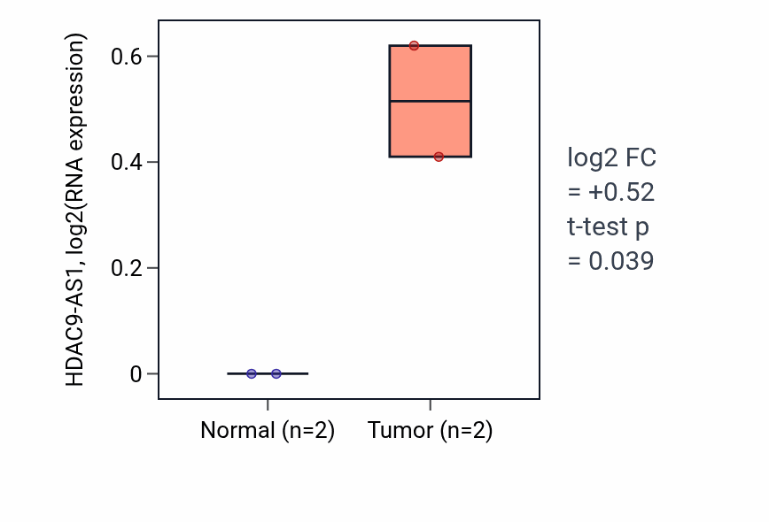 Tumor-vs-normal expression box plot for HDAC9-AS1 in LUAD.