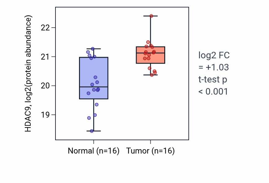 Tumor-vs-normal mass-spec protein box plot for HDAC9 in PDAC.