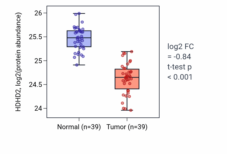 Tumor-vs-normal mass-spec protein box plot for HDHD2 in HNSC.