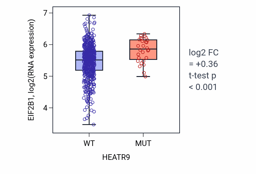 Box plot of EIF2B1 in HEATR9-low vs HEATR9-high samples in UCEC.