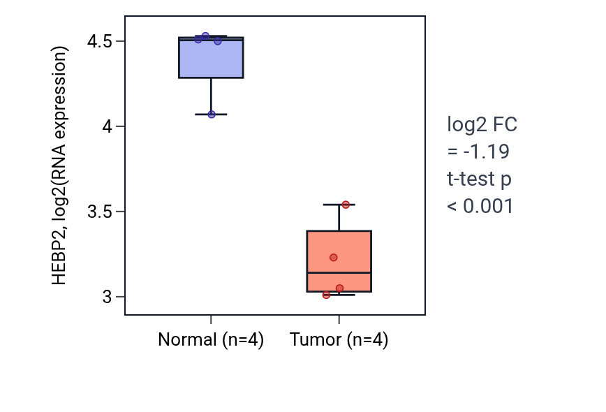 Tumor-vs-normal expression box plot for HEBP2 RNA in KICH.