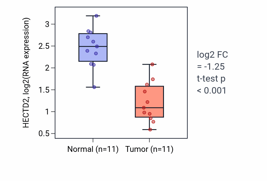 Tumor-vs-normal expression box plot for HECTD2 in KICH.
