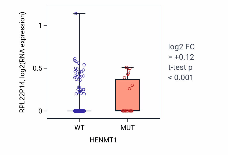 Box plot of RPL22P14 in HENMT1-low vs HENMT1-high samples in UCEC.