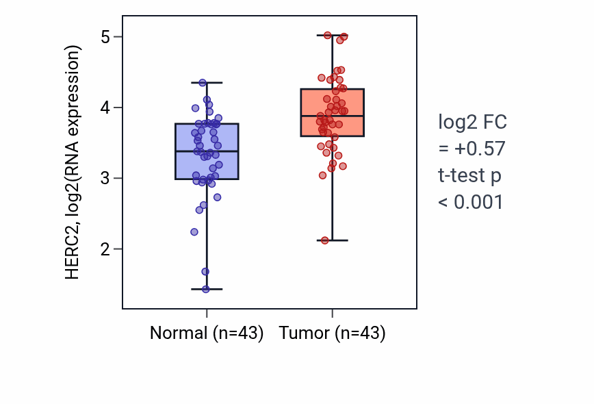 Tumor-vs-normal expression box plot for HERC2 in HNSC.