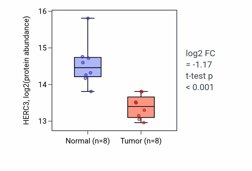Tumor-vs-normal mass-spec protein box plot for HERC3 in LUAD.