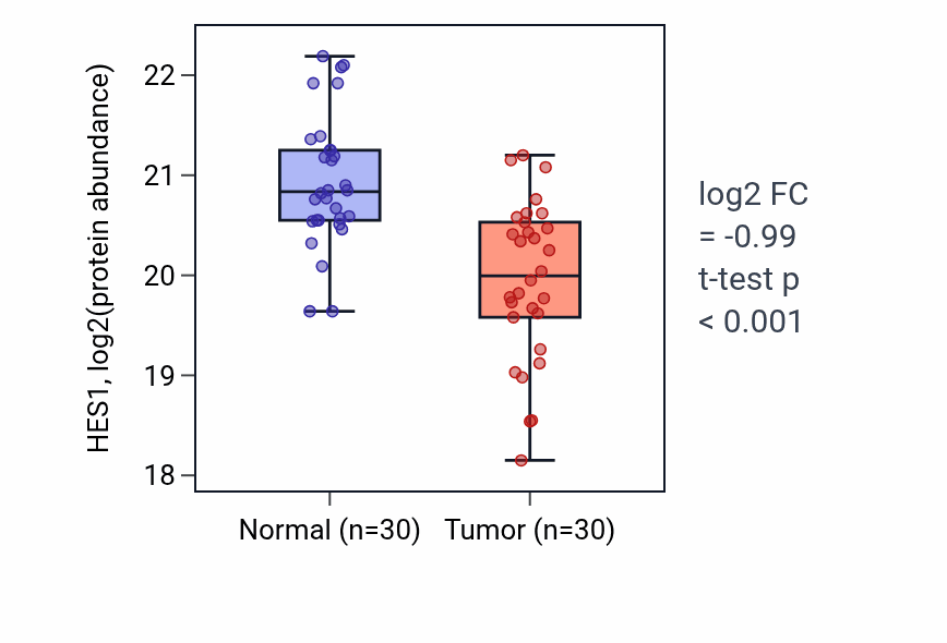 Tumor-vs-normal mass-spec protein box plot for HES1 in CCRCC.