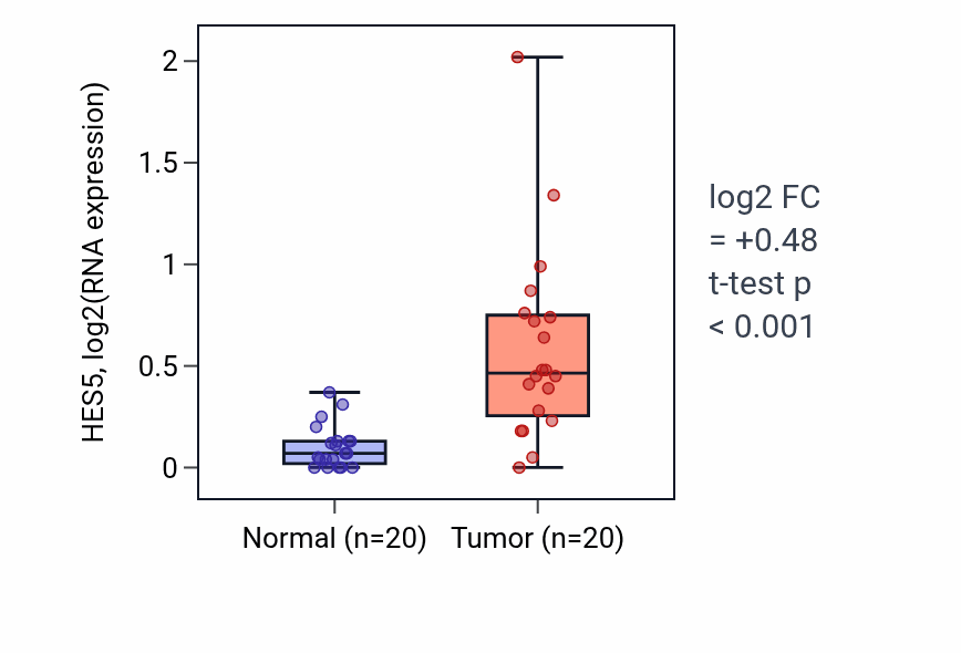 Tumor-vs-normal expression box plot for HES5 in KIRC.