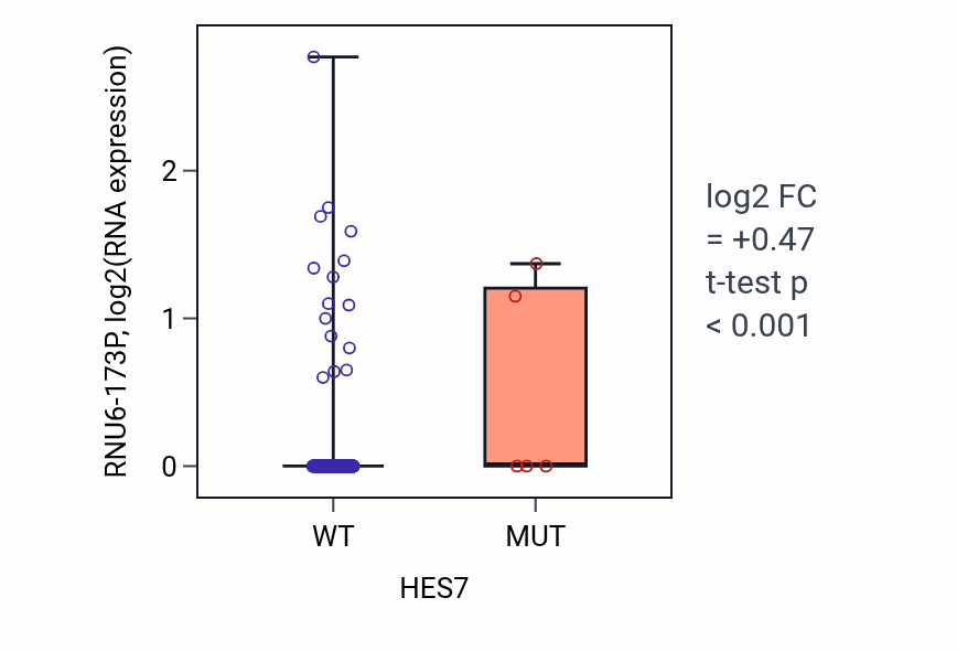 Box plot of RNU6-173P in HES7-low vs HES7-high samples in UCEC.