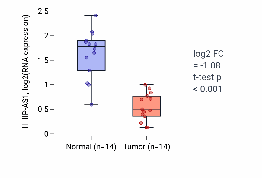 Tumor-vs-normal expression box plot for HHIP-AS1 in THCA.