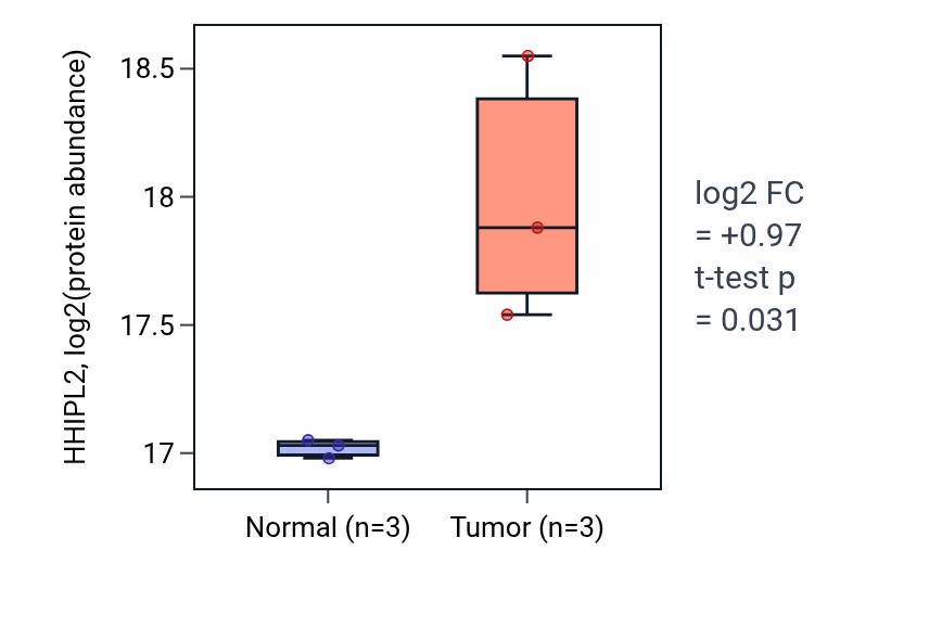 Tumor-vs-normal mass-spec protein box plot for HHIPL2 in HNSC.