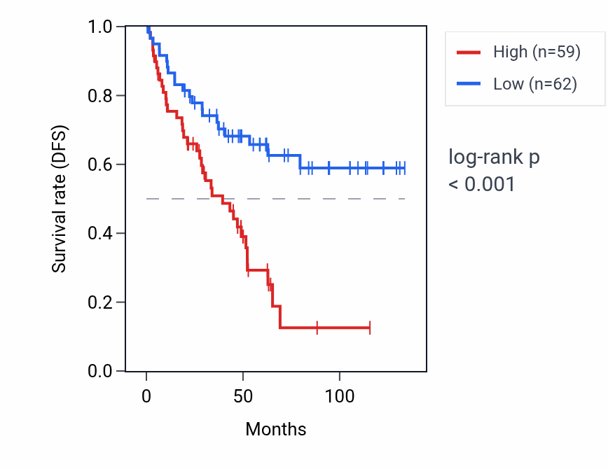 Kaplan&ndash;Meier survival curve for HHLA3-AS1 RNA expression in KIRC: high vs low expression groups.