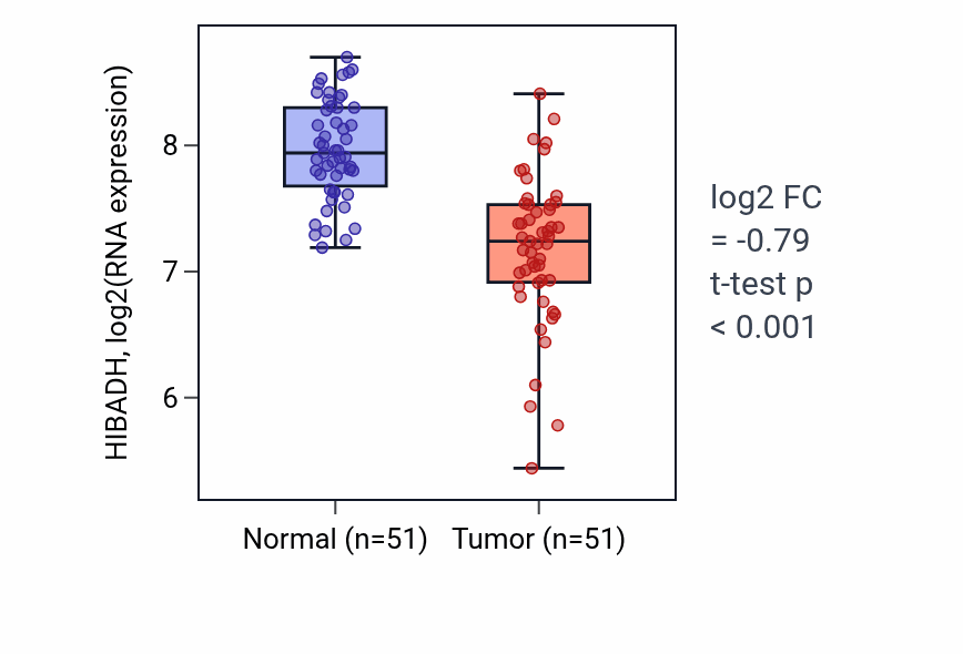 Tumor-vs-normal expression box plot for HIBADH in KIRC.