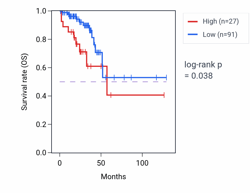 Kaplan&ndash;Meier survival curve for HIF1AP1 RNA-high vs -low samples in READ.