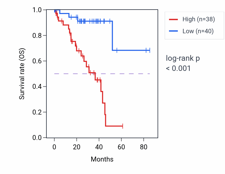 Kaplan&ndash;Meier survival curve for HINT2 RNA expression in UVM: high vs low expression groups.