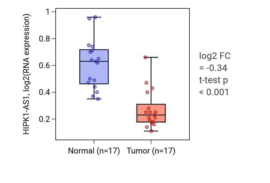 Tumor-vs-normal expression box plot for HIPK1-AS1 RNA in THCA.