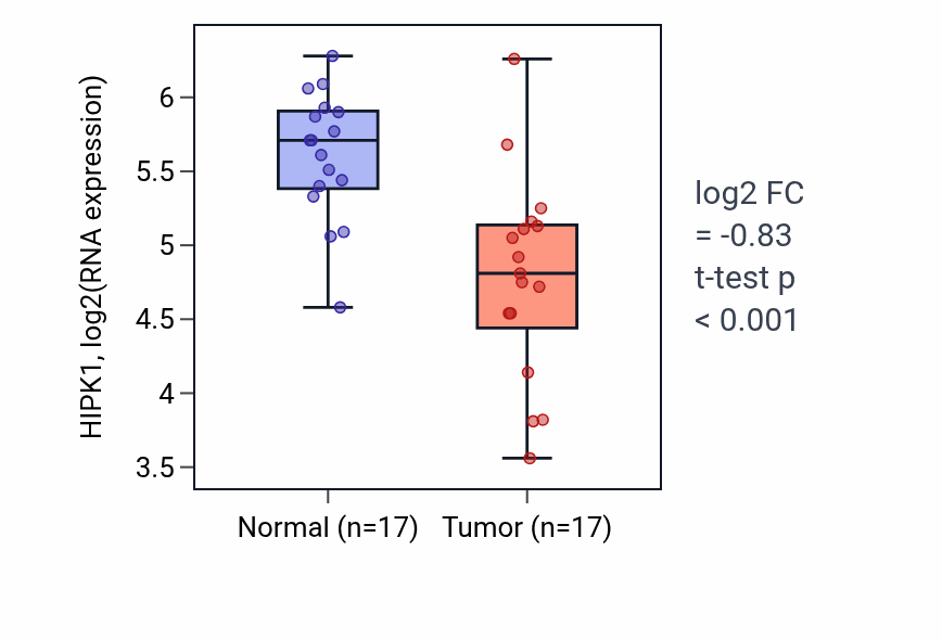 Tumor-vs-normal expression box plot for HIPK1 in THCA.