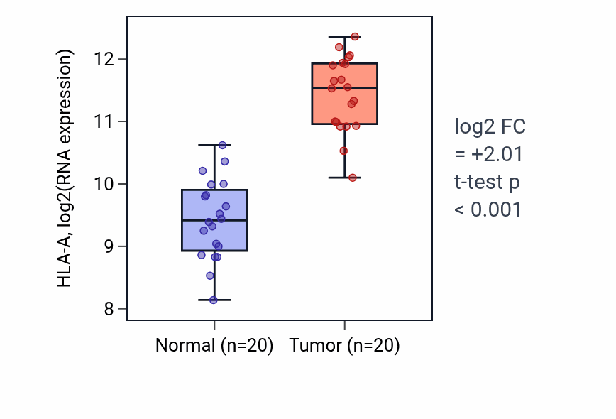 Tumor-vs-normal expression box plot for HLA-A in KIRC.