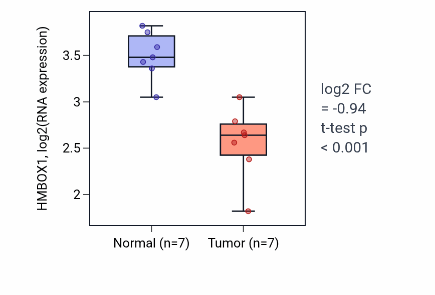 Tumor-vs-normal expression box plot for HMBOX1 in THCA.