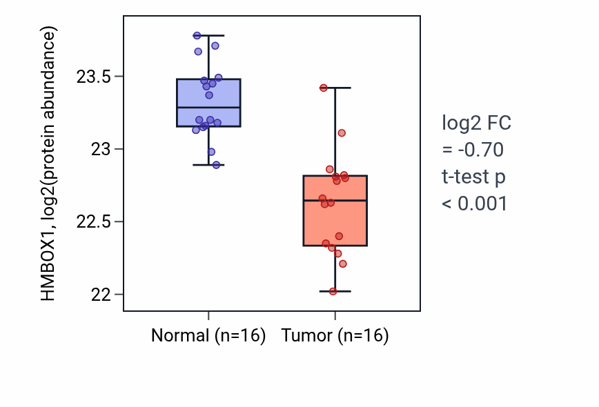 Tumor-vs-normal mass-spec protein box plot for HMBOX1 in LUAD.