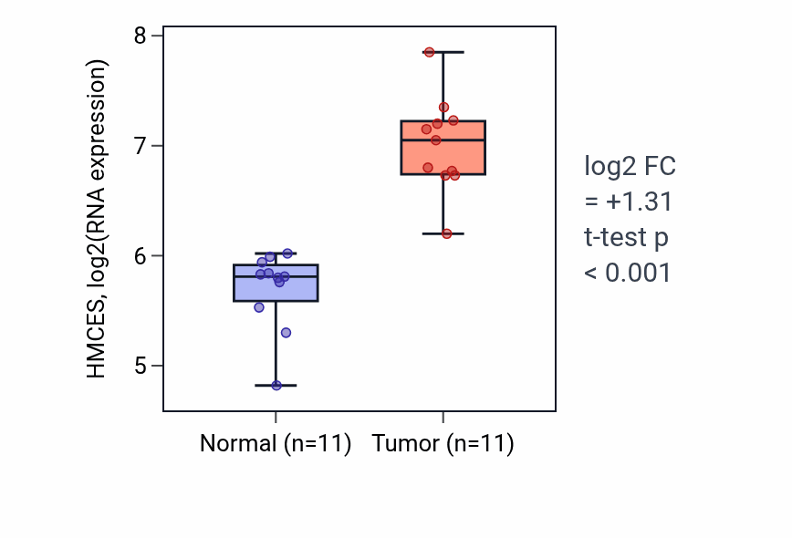 Tumor-vs-normal expression box plot for HMCES in HNSC.