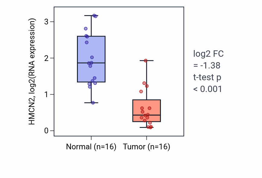 Tumor-vs-normal expression box plot for HMCN2 in THCA.
