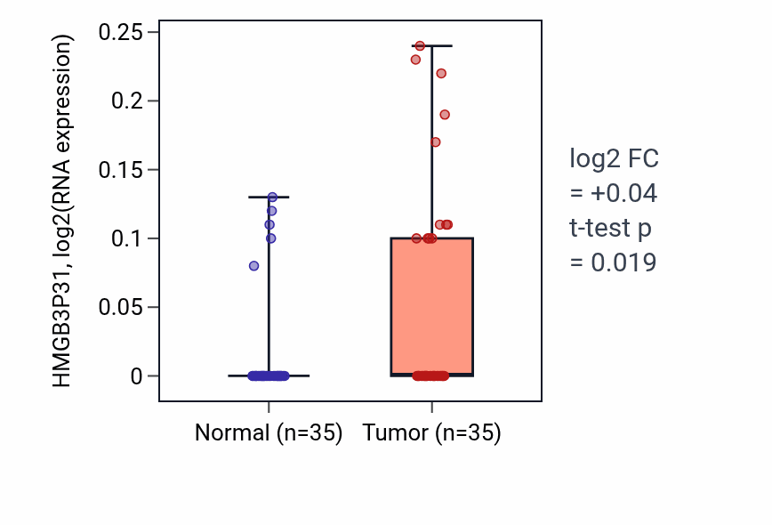 Tumor-vs-normal expression box plot for HMGB3P31 in LUSC.